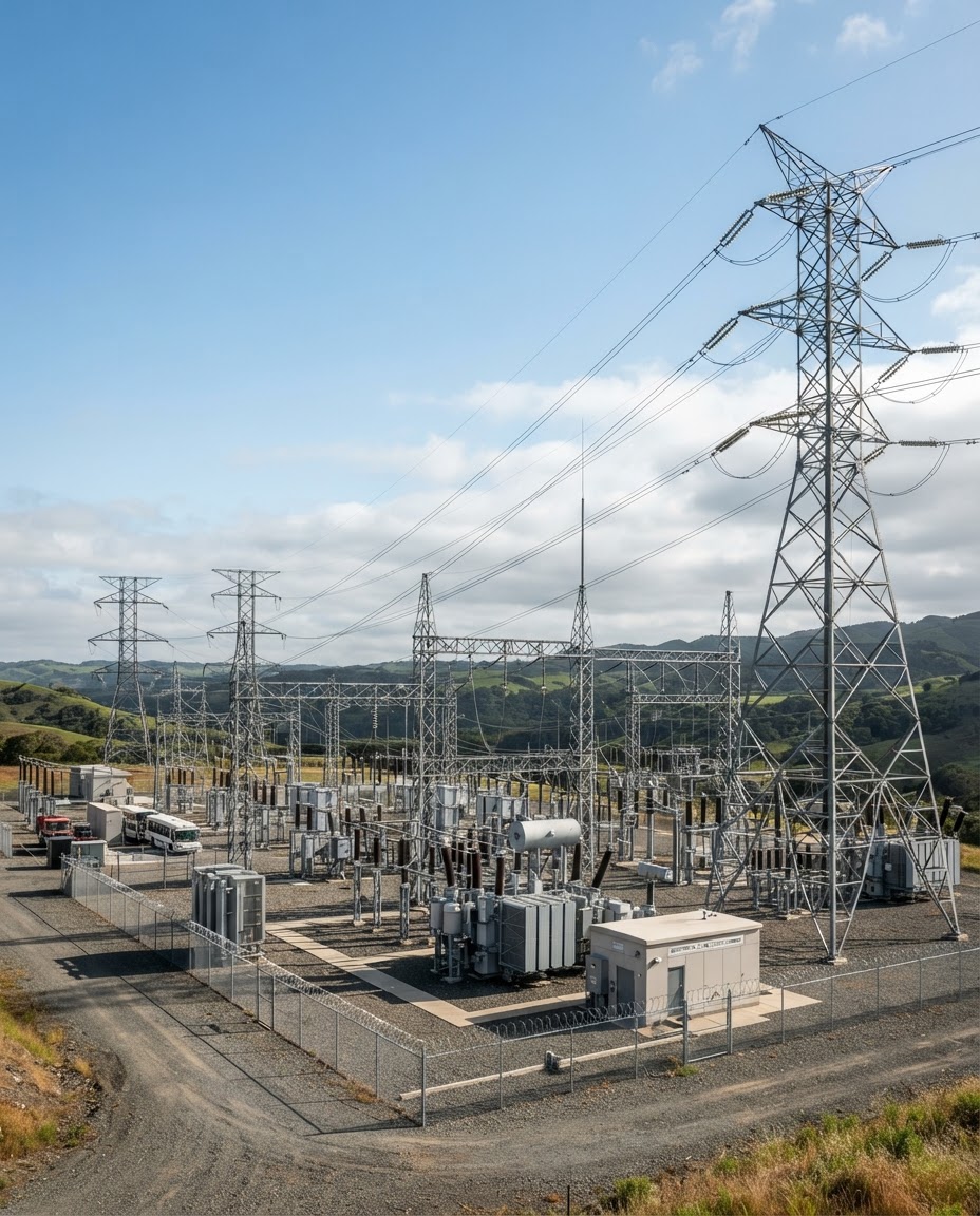 Transmission towers and a utility substation