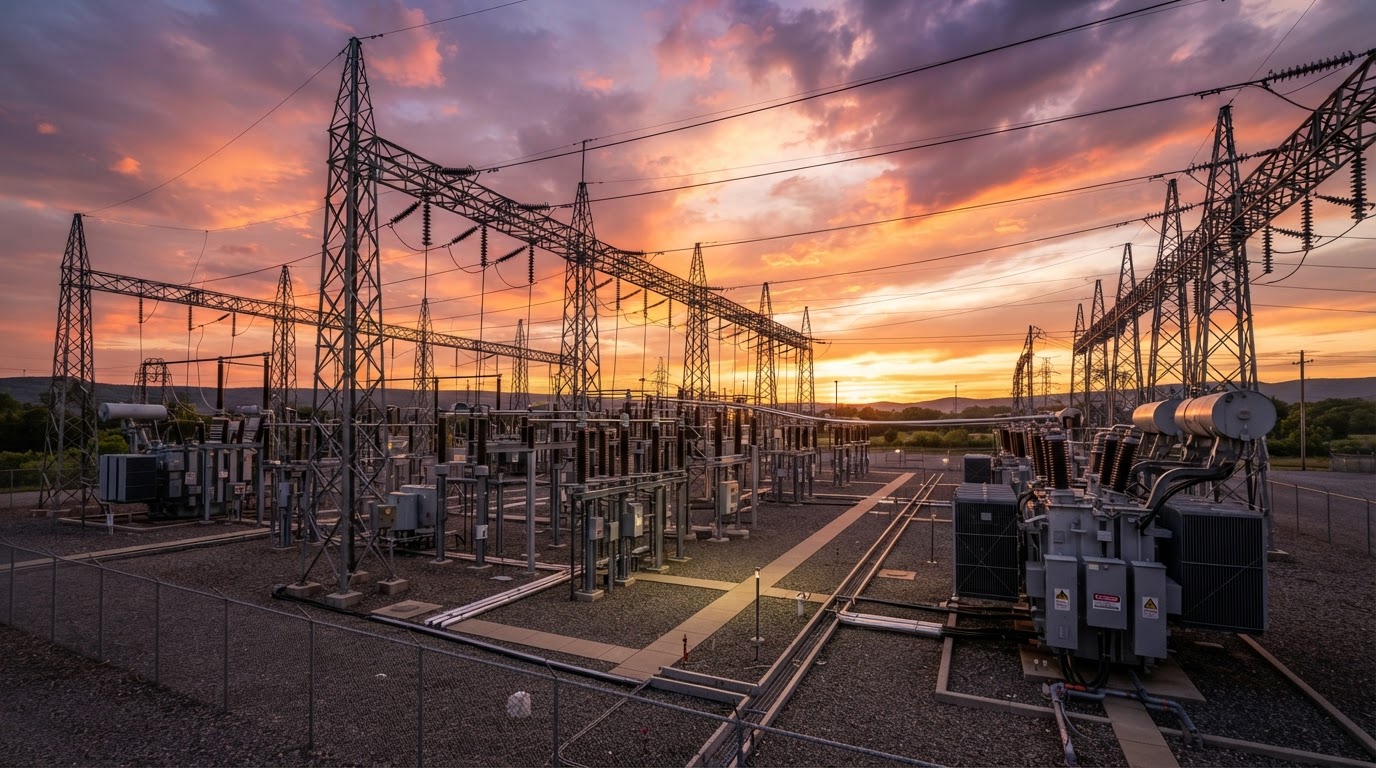 Electrical substation with transmission towers at sunset